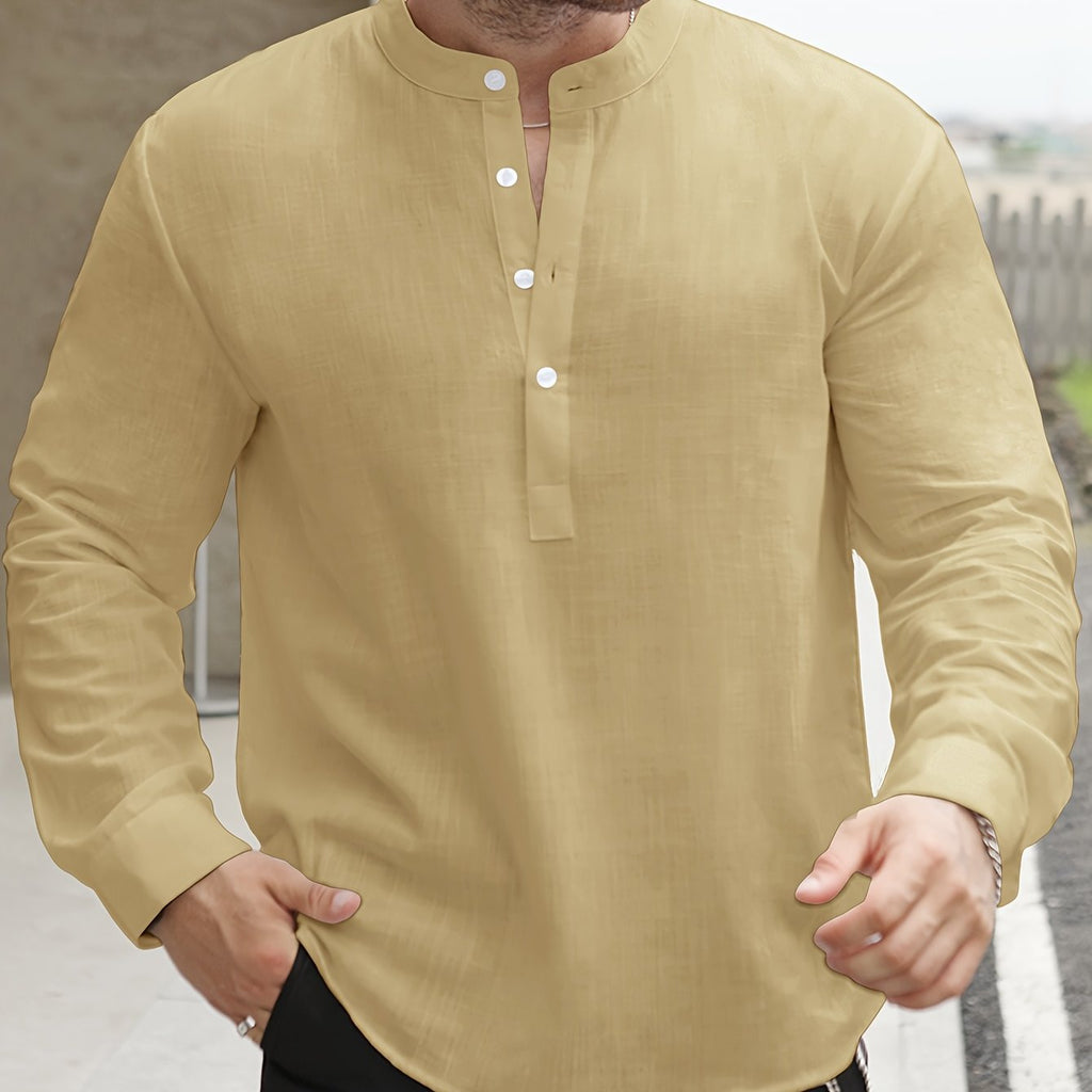 Chemise manches longues encolure tunisienne aspect lin