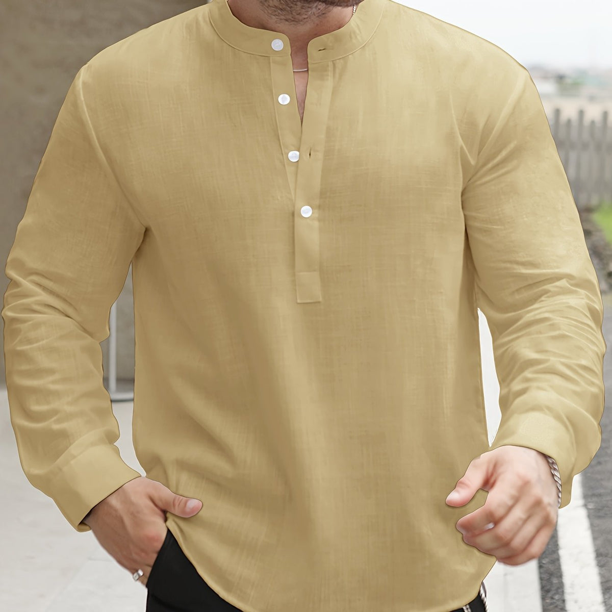 Chemise manches longues encolure tunisienne aspect lin