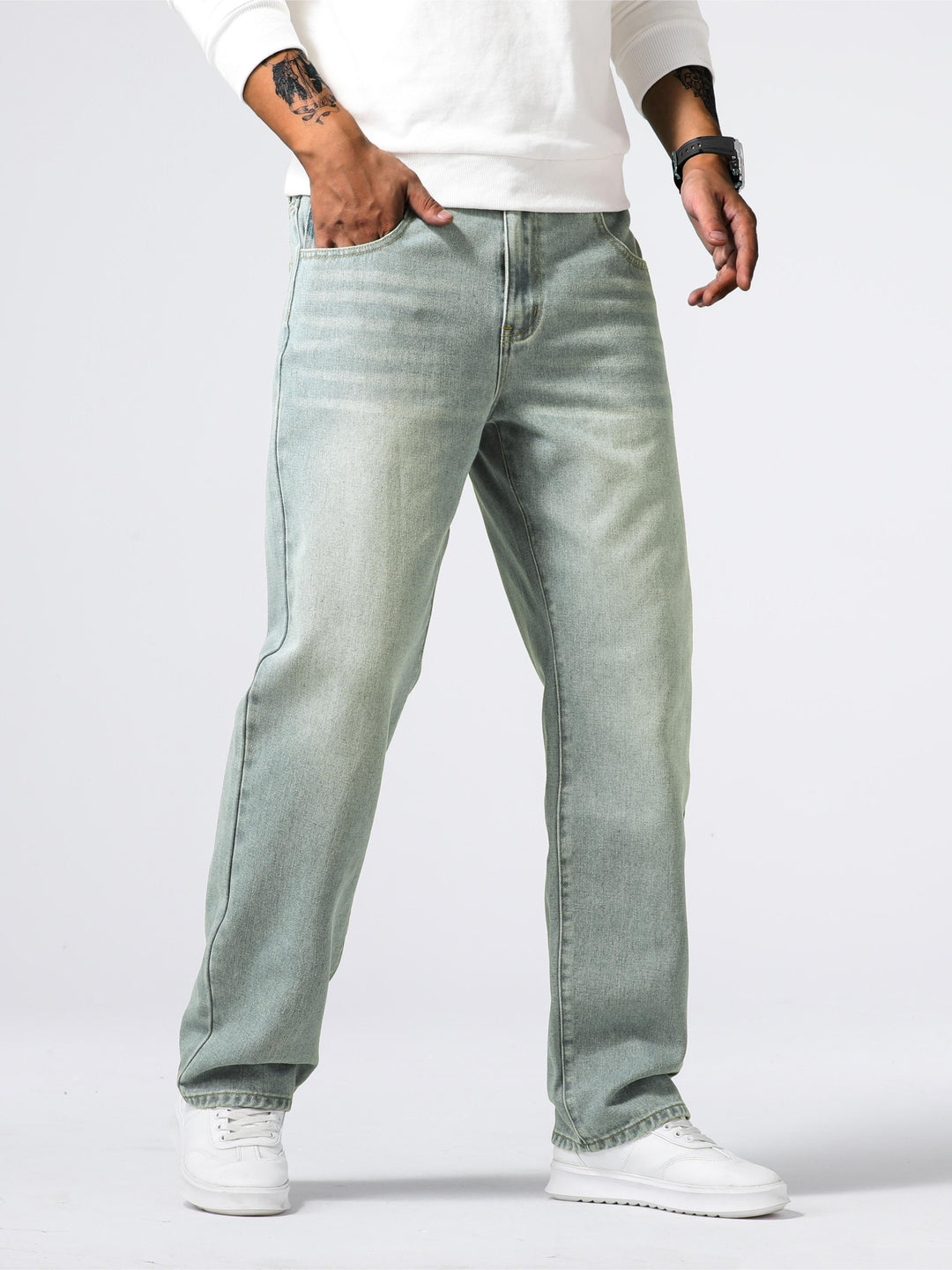Jean droit délavé denim coupe droite quotidien style chic intemporel homme – Nohant