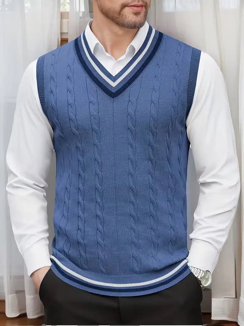 Gilet sans manches torsadé à col V bicolore en maille classique homme – Albi