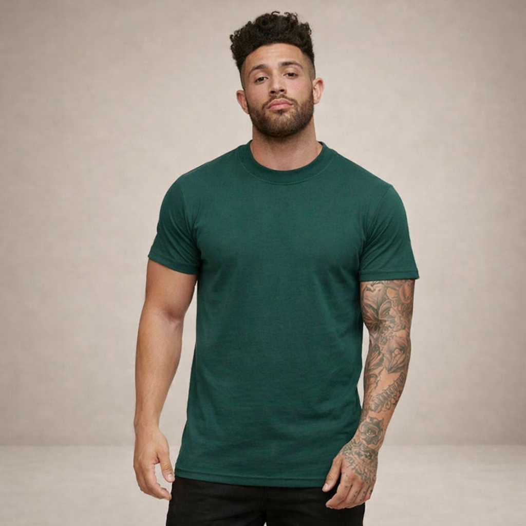 T-shirt en coton col rond coupe slim essentiel minimaliste homme – Vert foncé