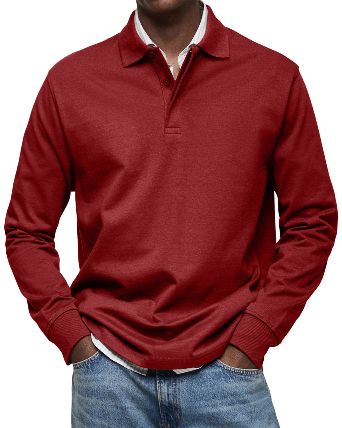 Polo à manches longues en maille fine col polo homme – Rouge