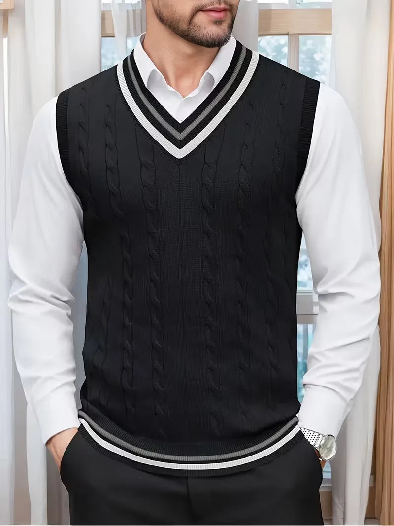 Gilet sans manches torsadé à col V bicolore en maille classique homme – Noir