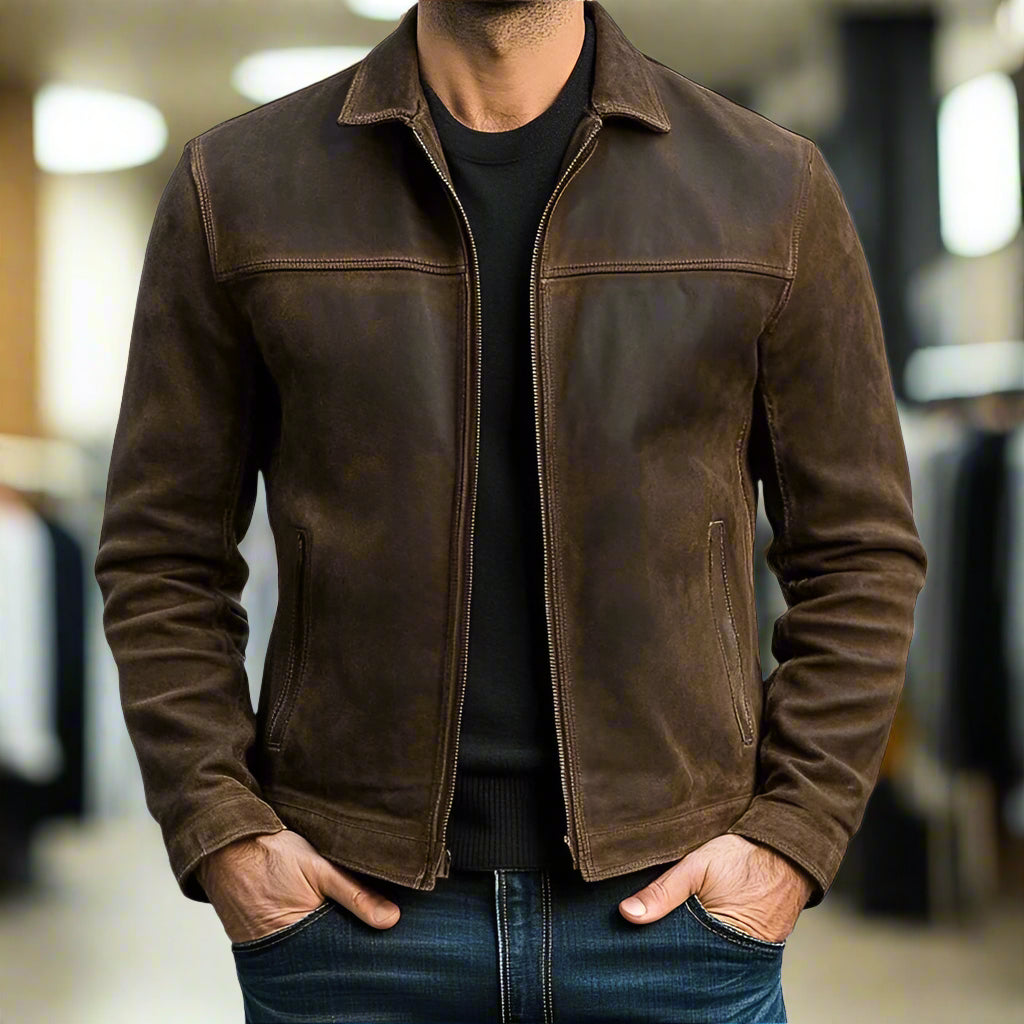 Veste zippée aspect daim col chemise