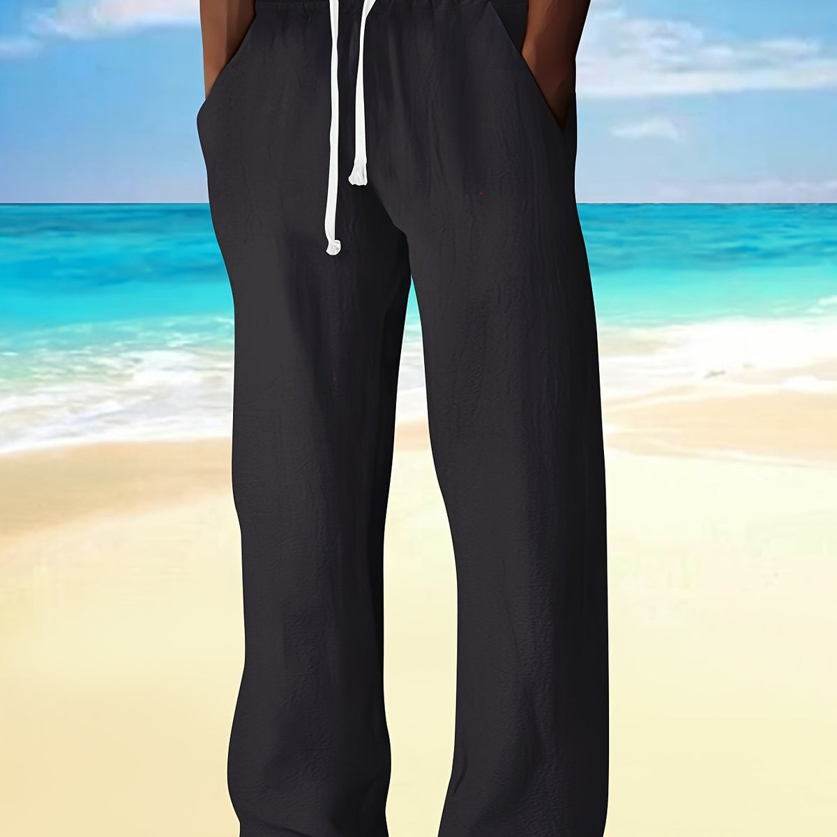 Pantalon droit aspect lin à cordon