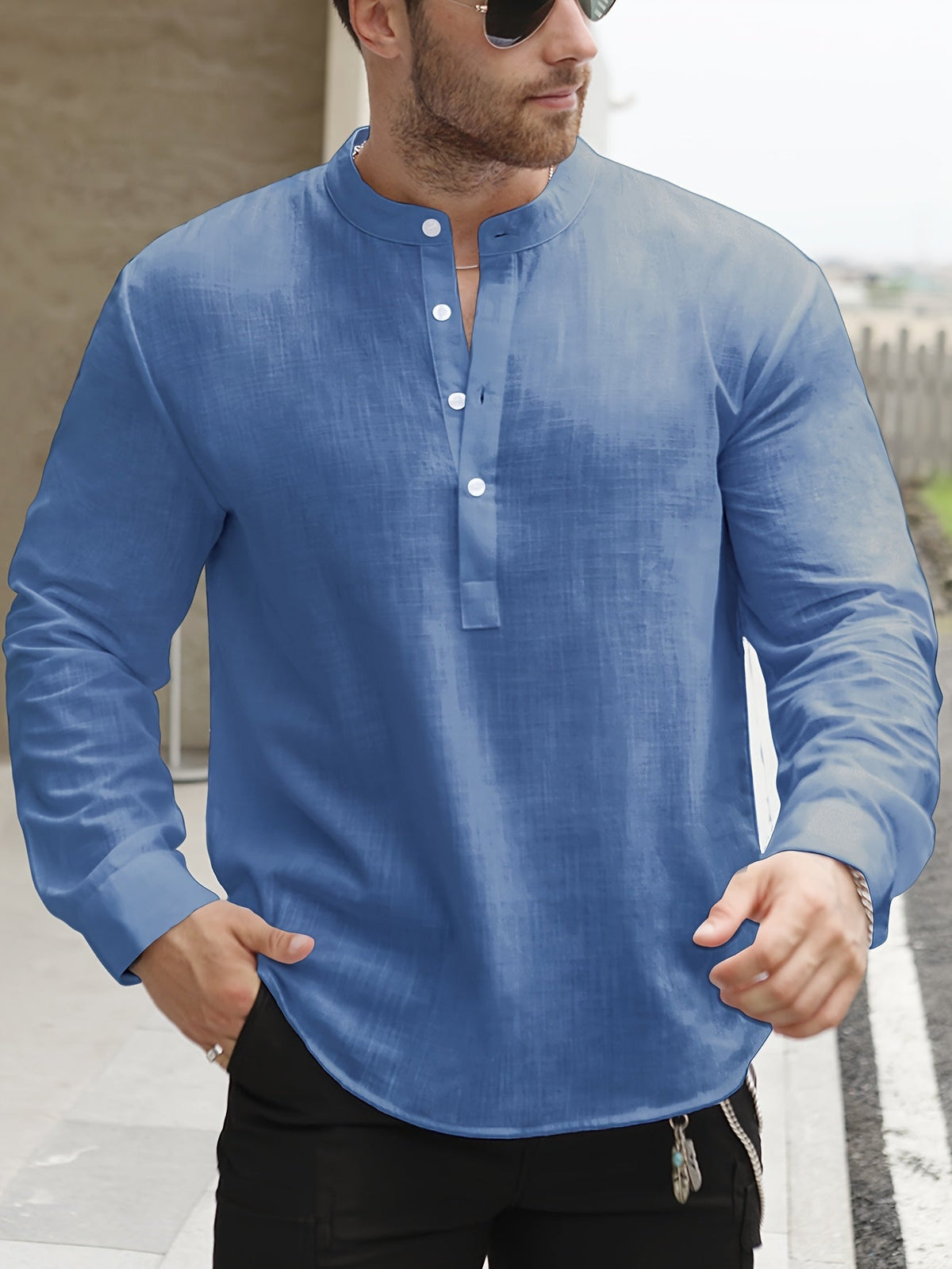 Chemise manches longues encolure tunisienne aspect lin