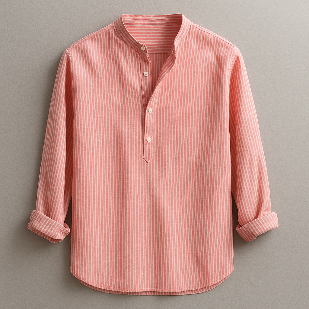 Chemise col mao à fines rayures bleue