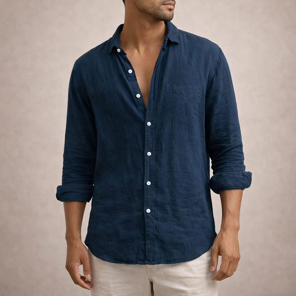 Chemise en lin coupe régulière col ouvert au style intemporel homme – Galilée