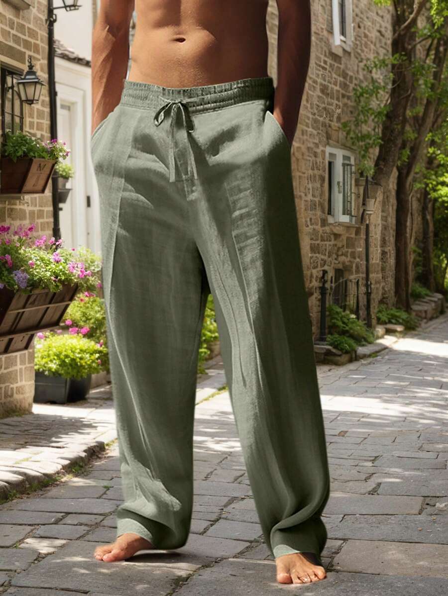 Pantalon léger aspect lin avec cordon au style intemporel homme – Vert militaire