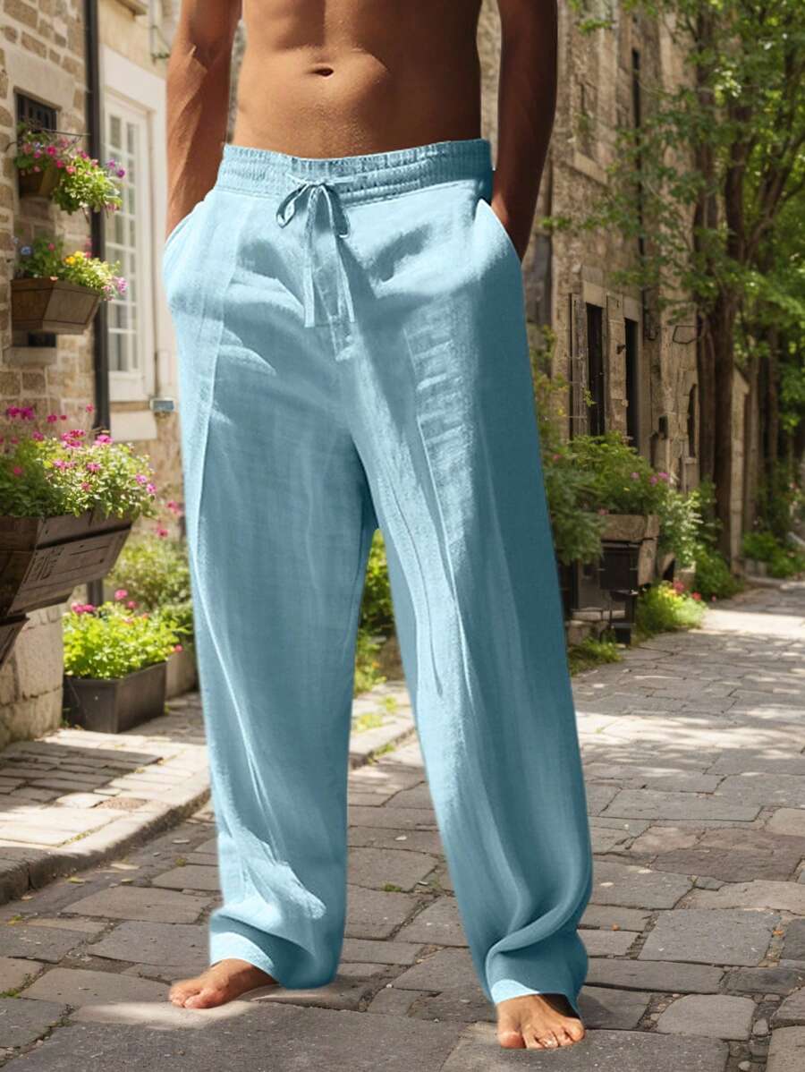 Pantalon léger aspect lin avec cordon au style intemporel homme – Bleu bébé