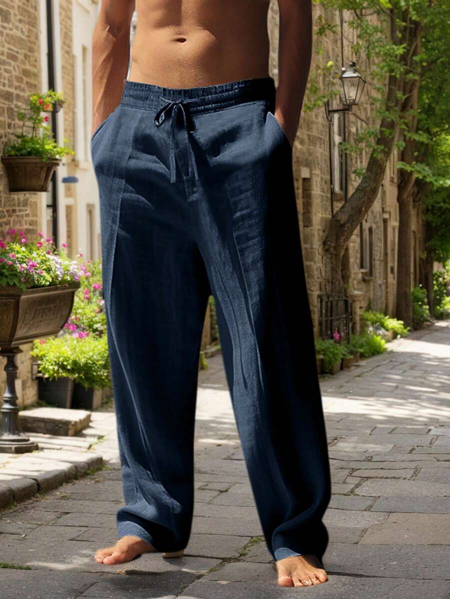Pantalon léger aspect lin avec cordon au style intemporel homme – Bleu foncé