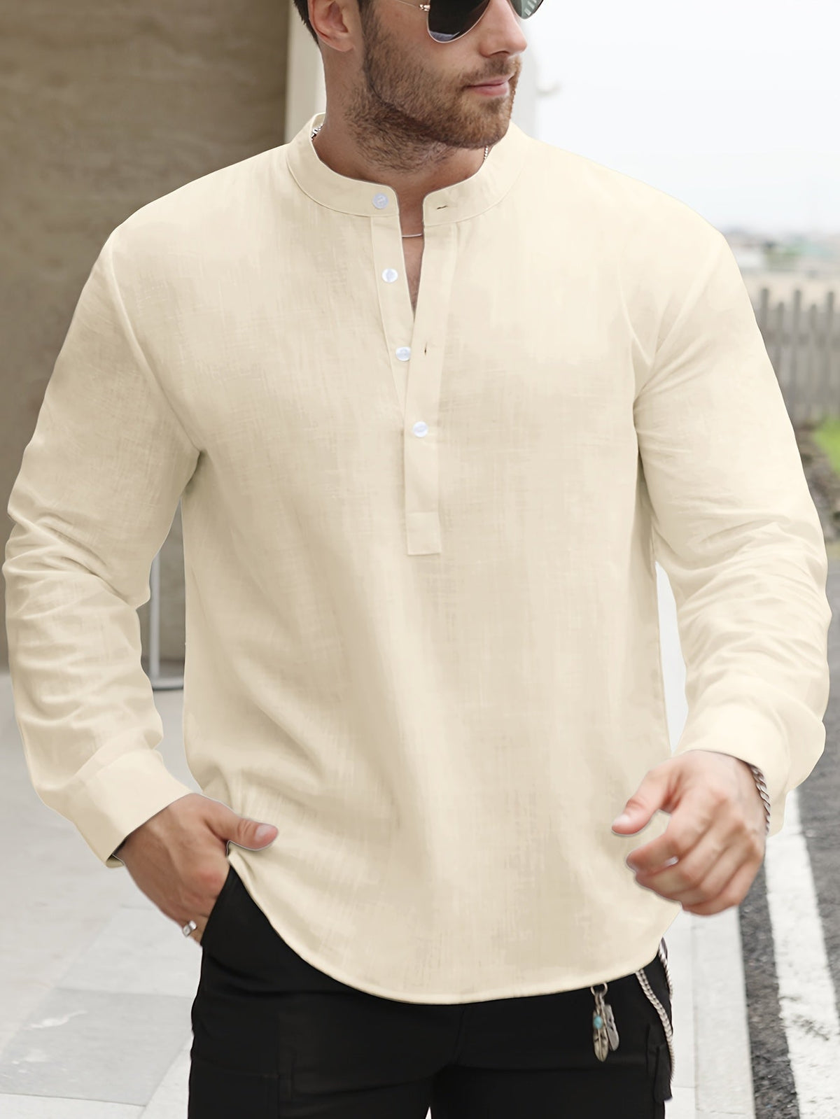 Chemise manches longues encolure tunisienne aspect lin