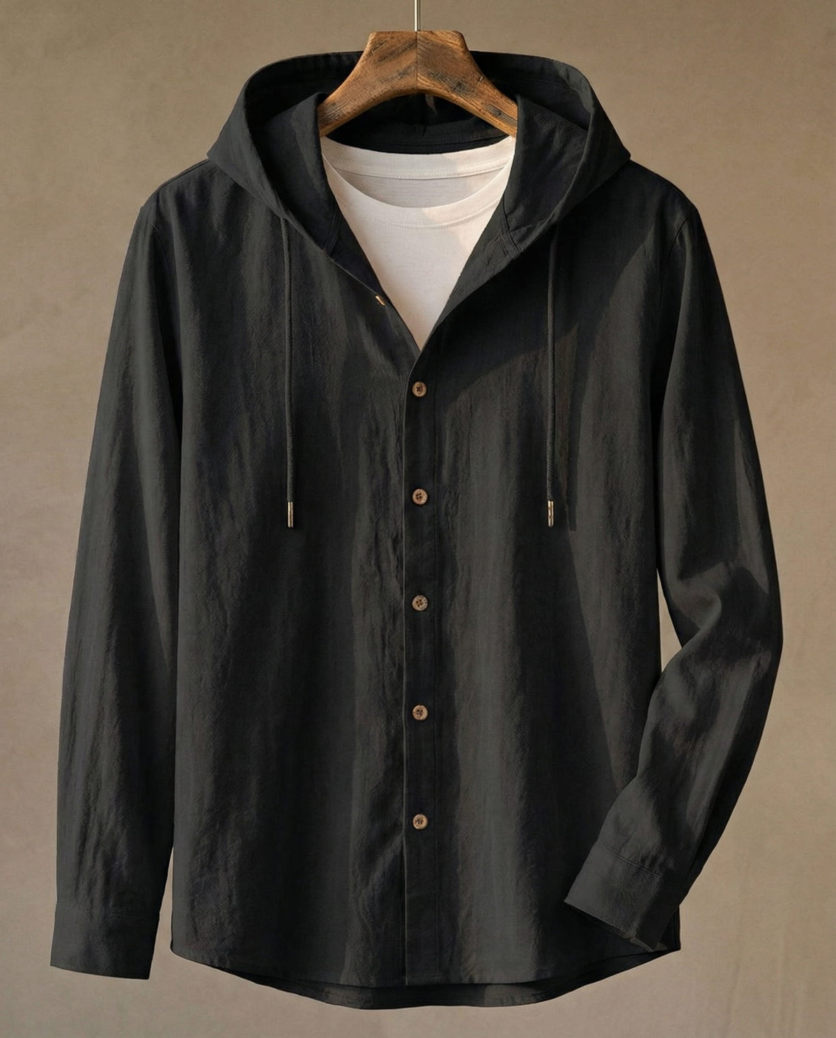 Chemise boutonnée à capuche aspect lin