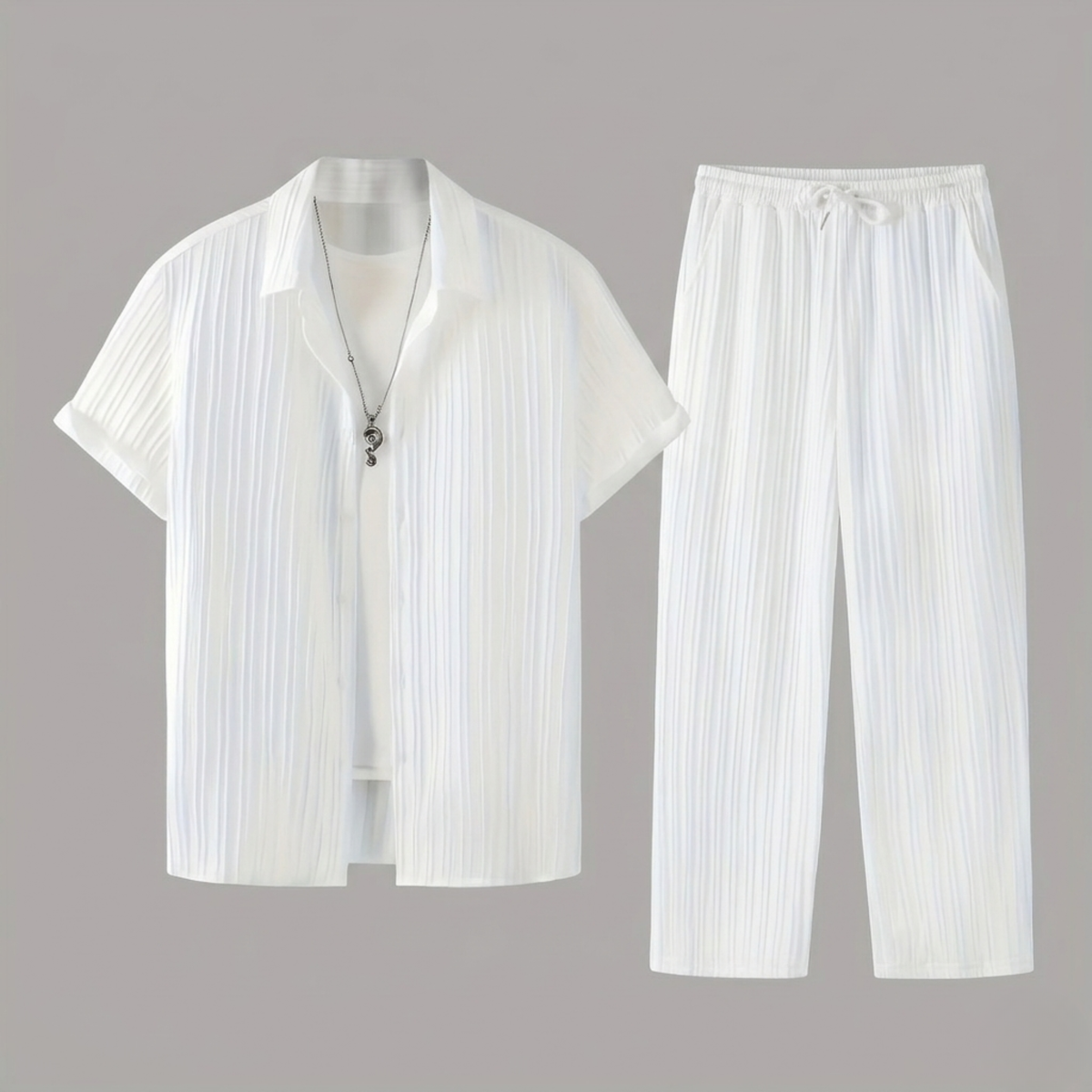 Ensemble d'été chemise à manches courtes et pantalon assorti rayures verticales homme – Alençon