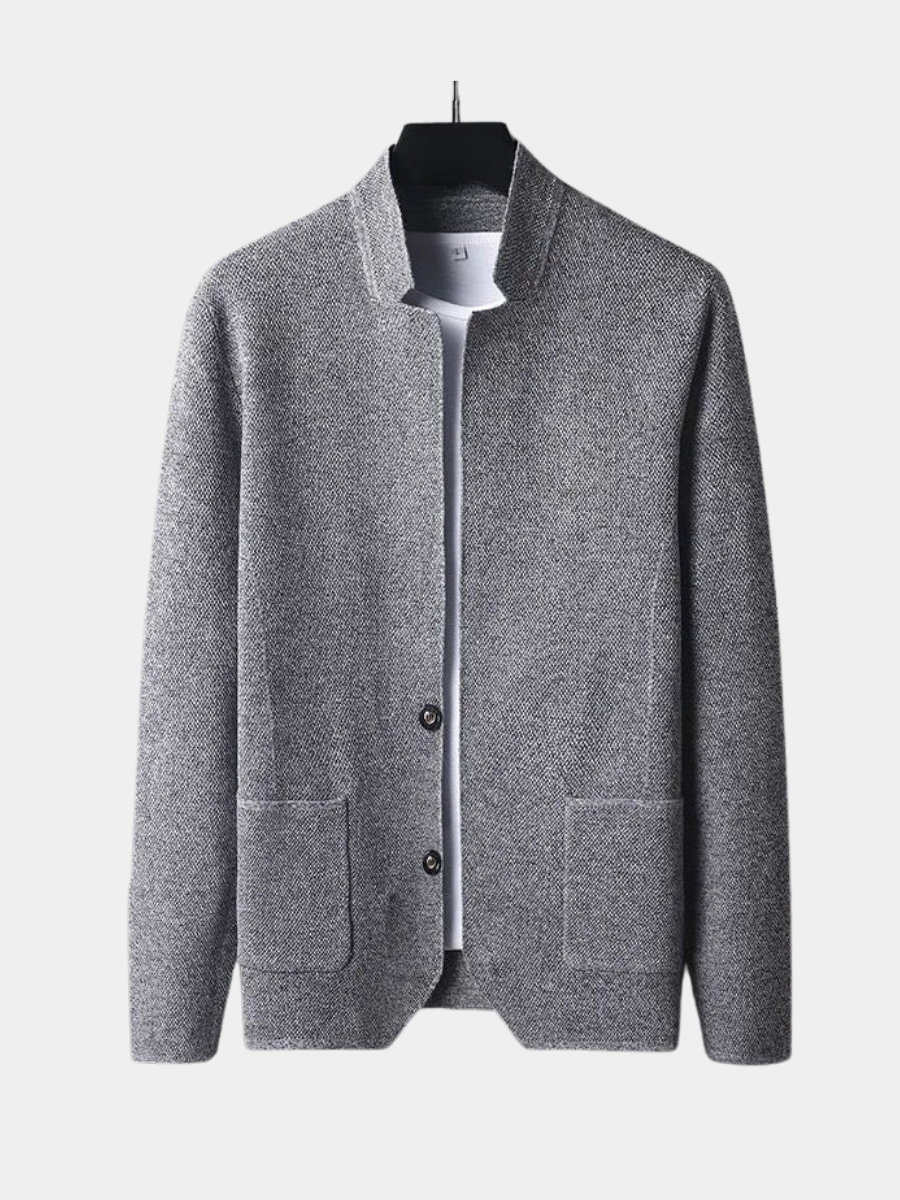 Gilet col montant en maille texturée gris chiné homme, vue de face sur cintre