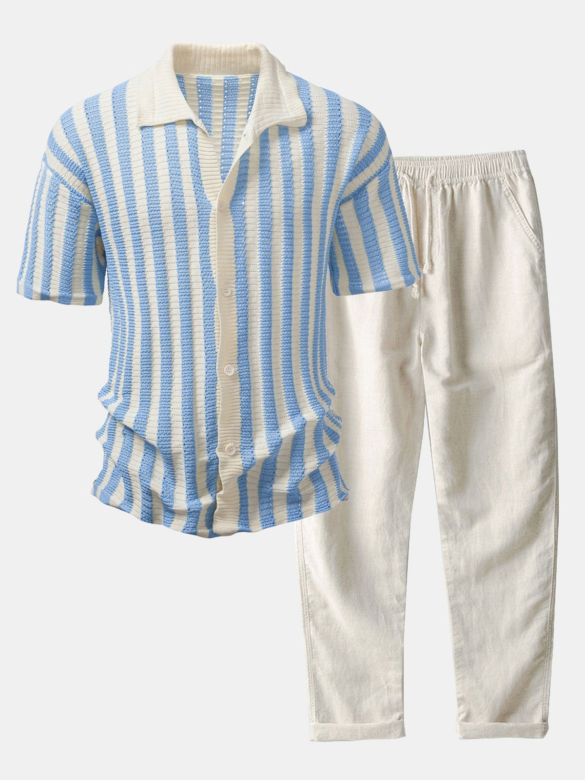 Ensemble chemise rayée épaules ajourées et pantalon