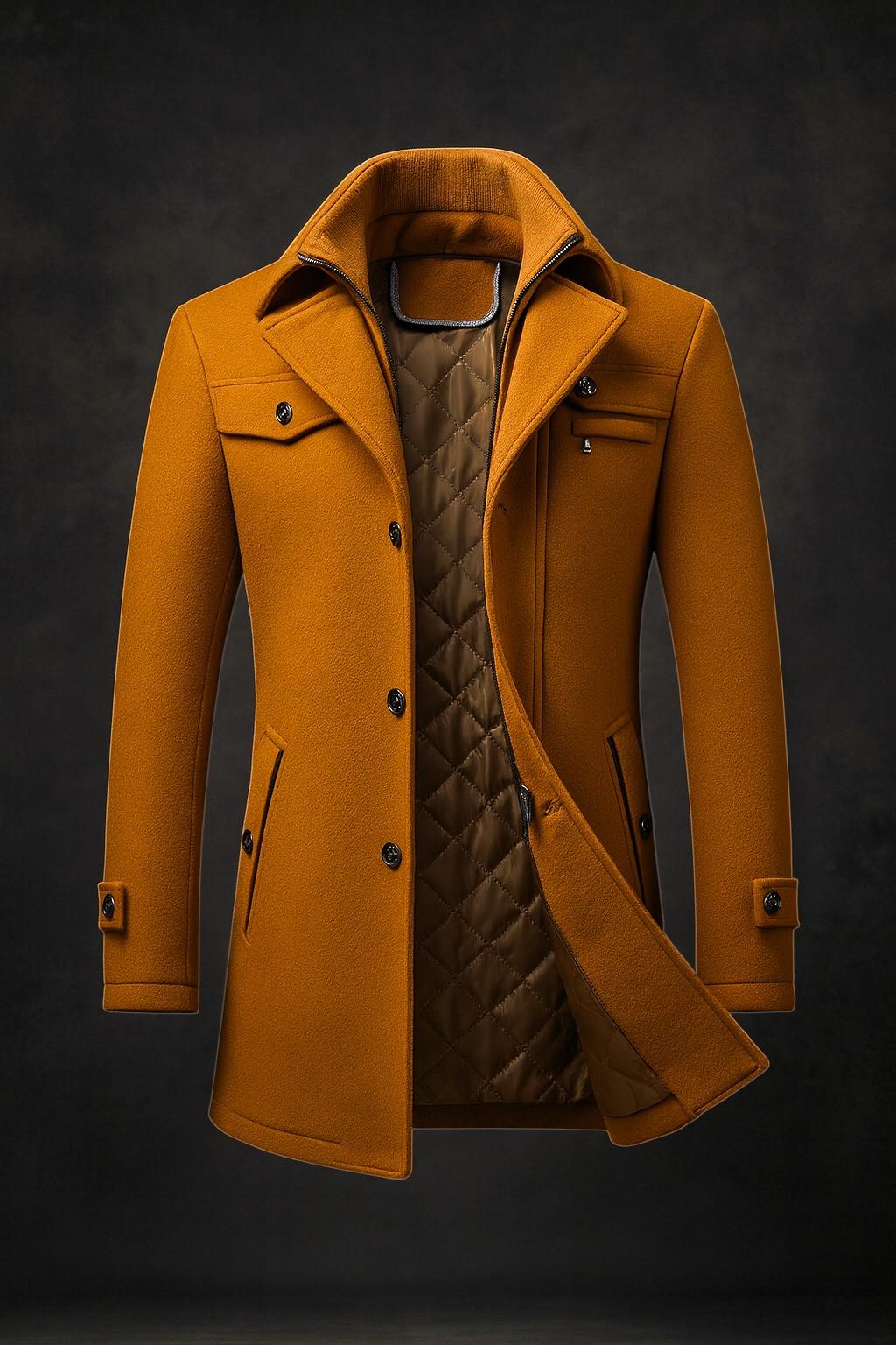 Manteau mi-long aspect lainage homme coloris marron sur fond sombre, double col et doublure matelassée