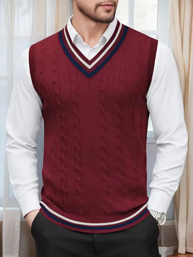 Gilet sans manches torsadé à col V bicolore en maille classique homme – Bordeaux
