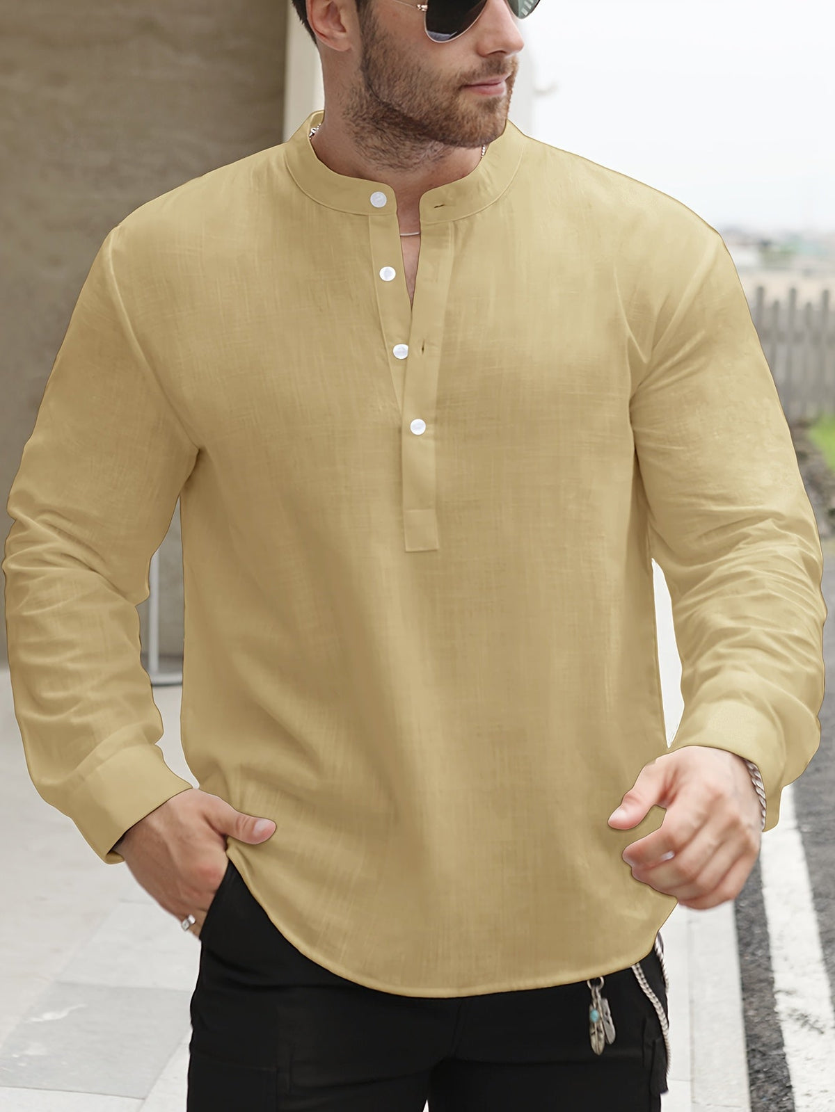 Chemise manches longues encolure tunisienne aspect lin