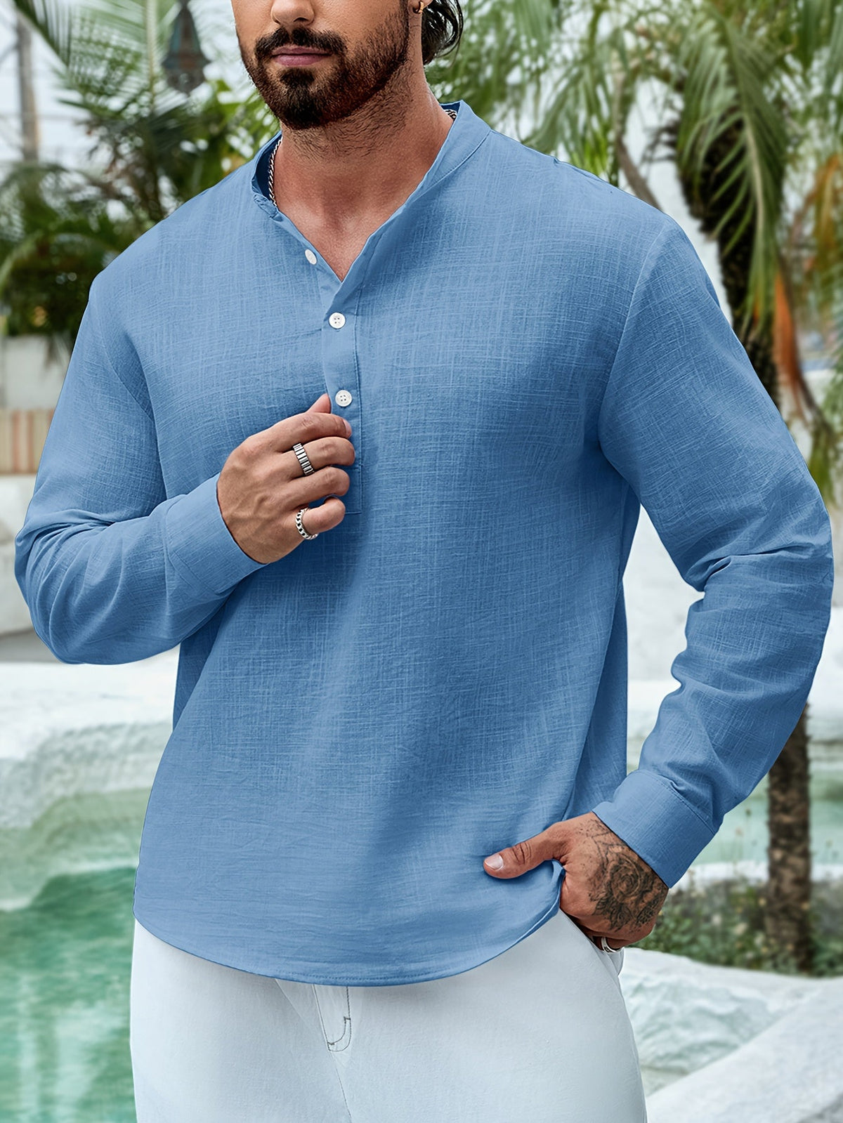 Chemise manches longues encolure tunisienne aspect lin