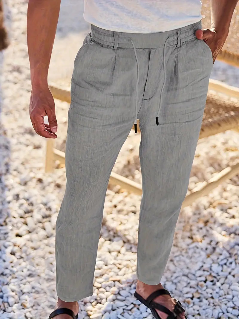 Pantalon large aspect lin à cordon