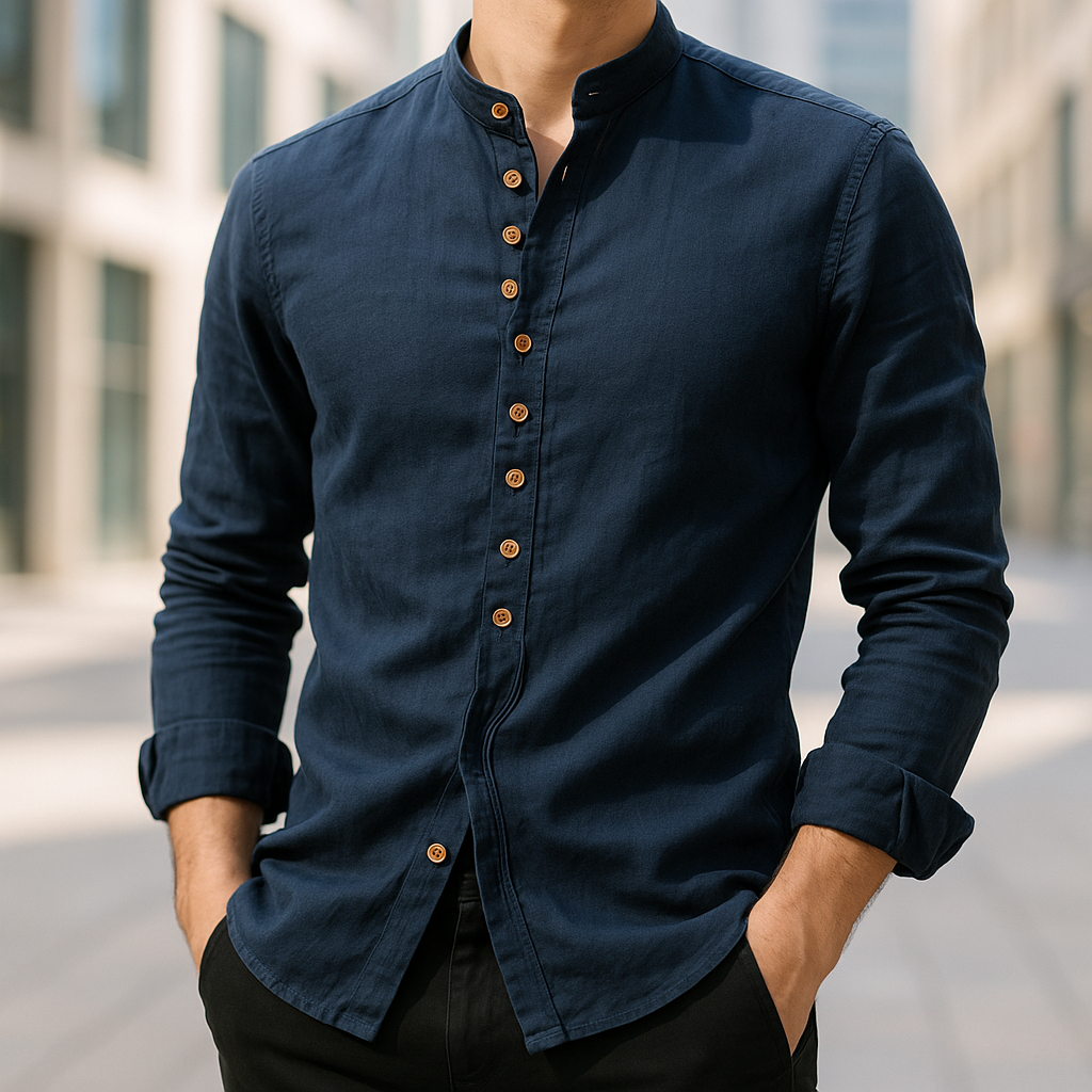 Chemise aspect lin col mao bleu marine portée en ville – Bourdonnais