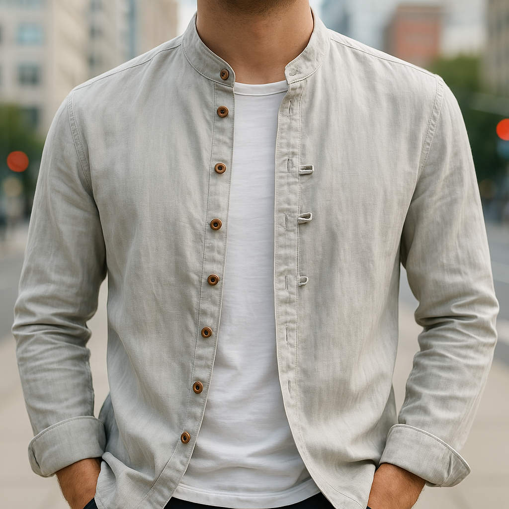 Chemise aspect lin col mao gris clair manches longues – Bourdonnais