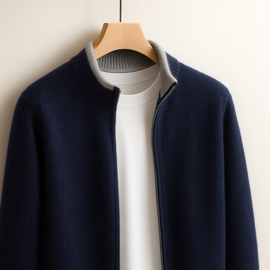 Pull zippé en maille col montant coupe confortable homme – Fleurance