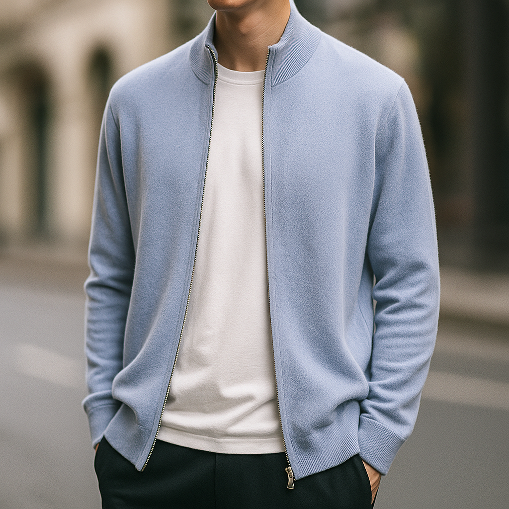 Cardigan zippé en maille fine col montant