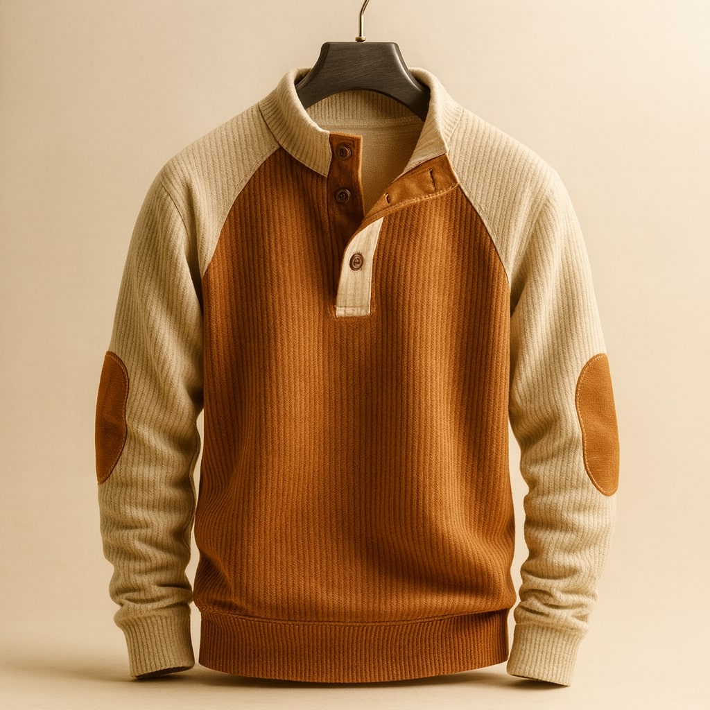 Pull côtelé à col boutonné et coudières
