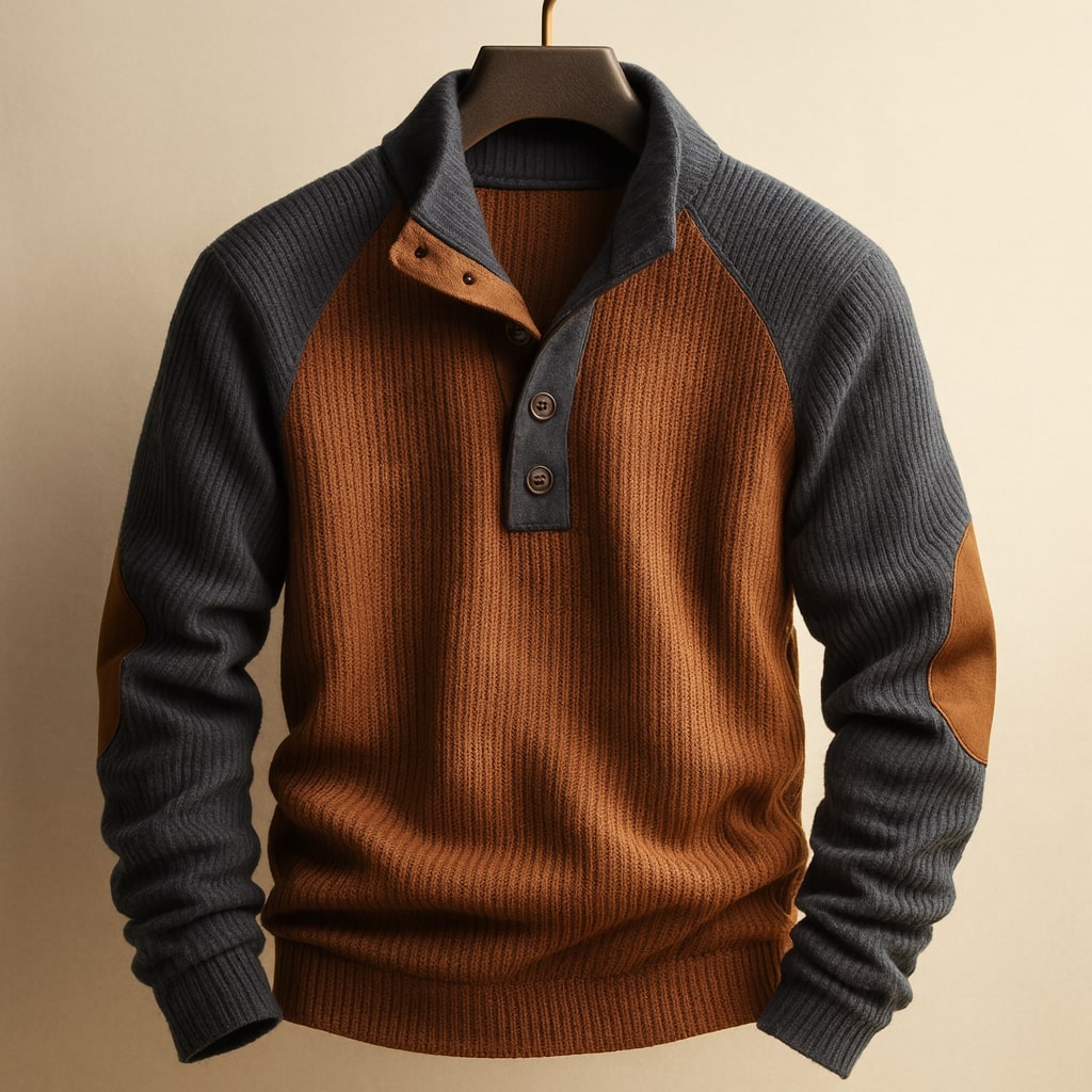 Pull côtelé à col boutonné et coudières
