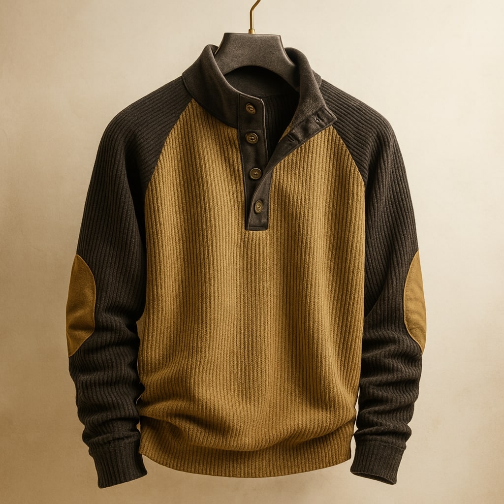 Pull côtelé à col boutonné et coudières