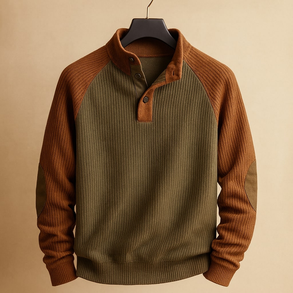 Pull côtelé à col boutonné et coudières