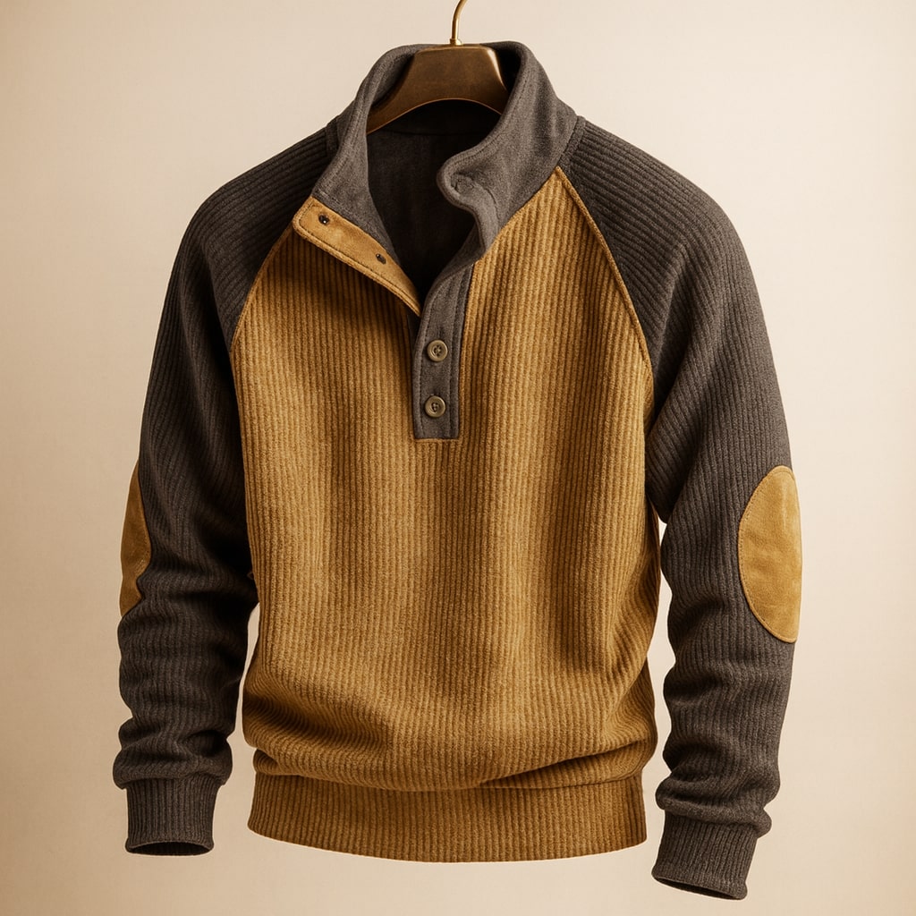 Pull côtelé à col boutonné et coudières