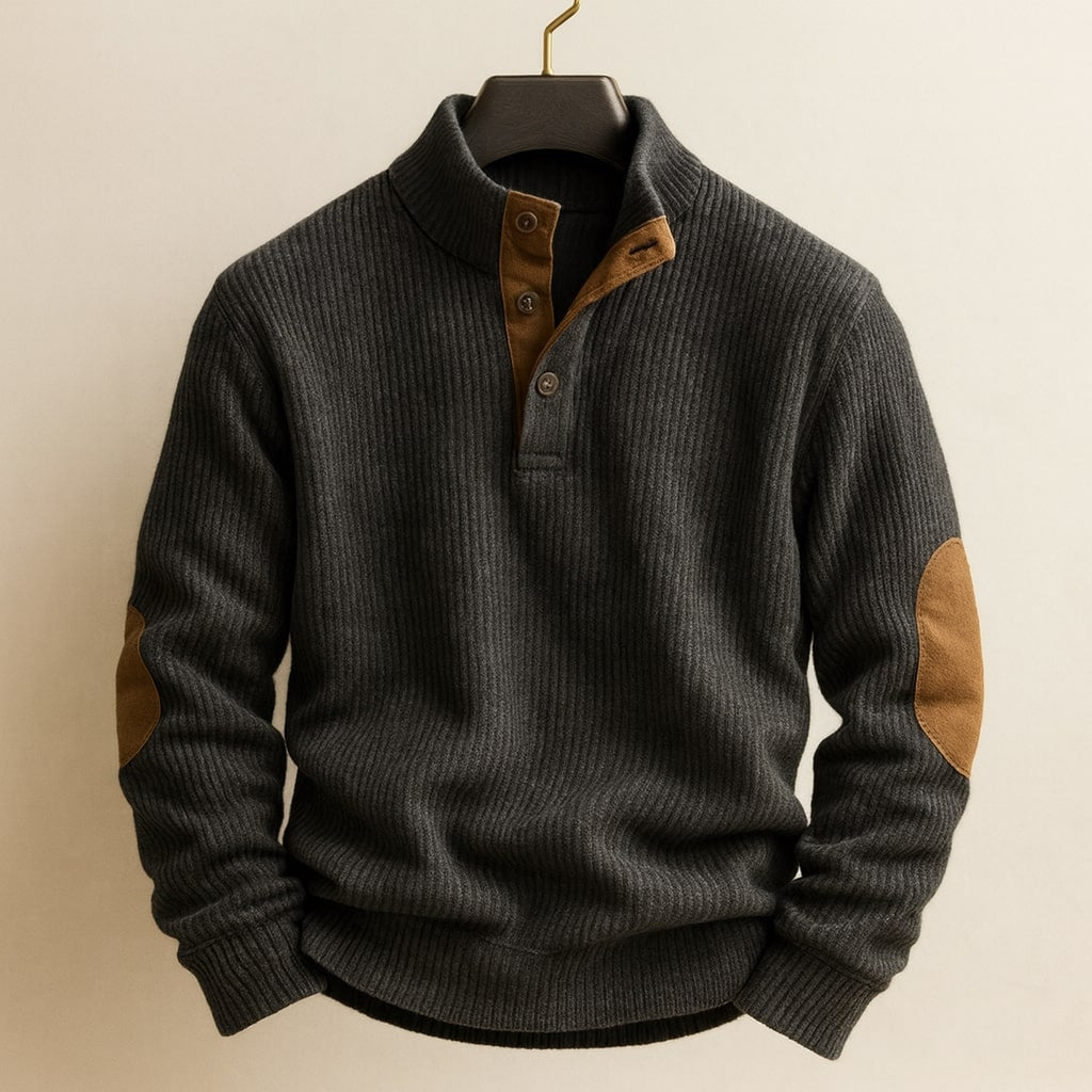 Pull côtelé à col boutonné et coudières