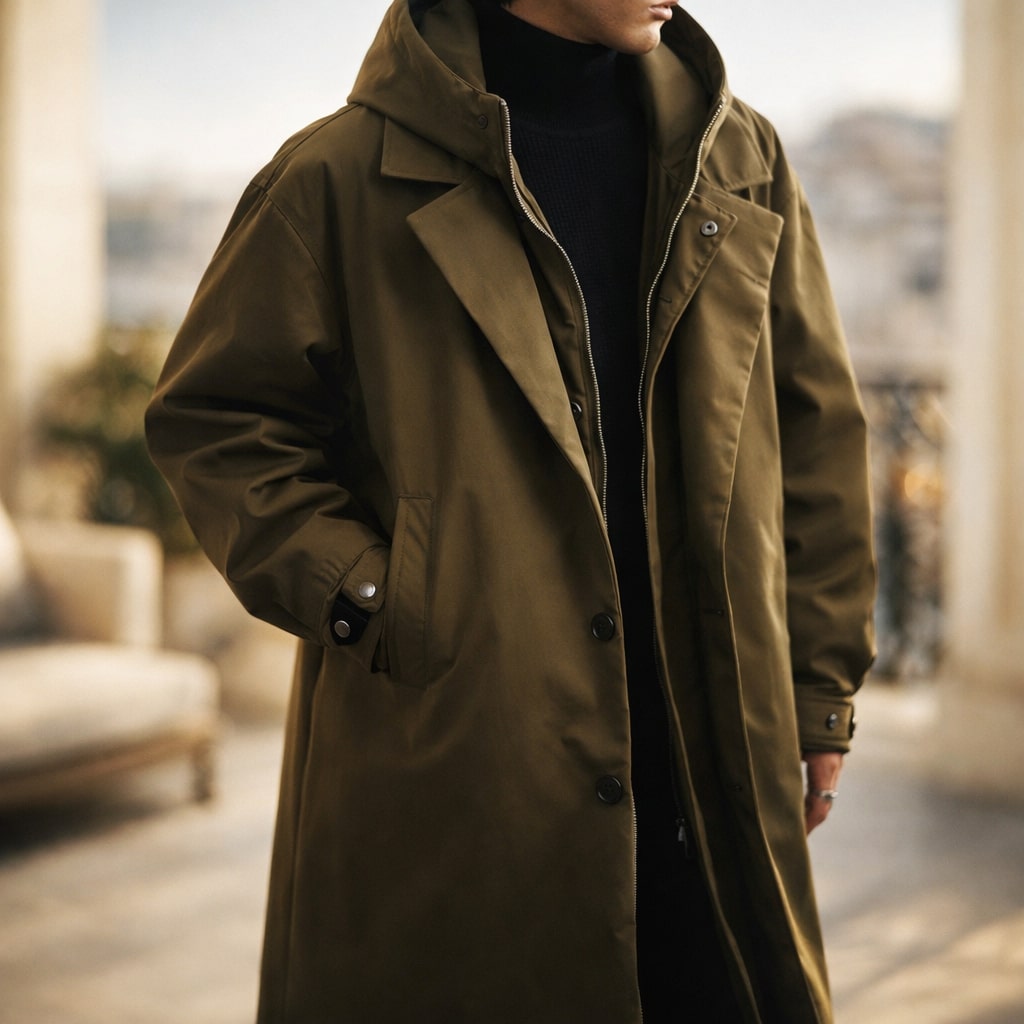 Manteau long à capuche intégrée