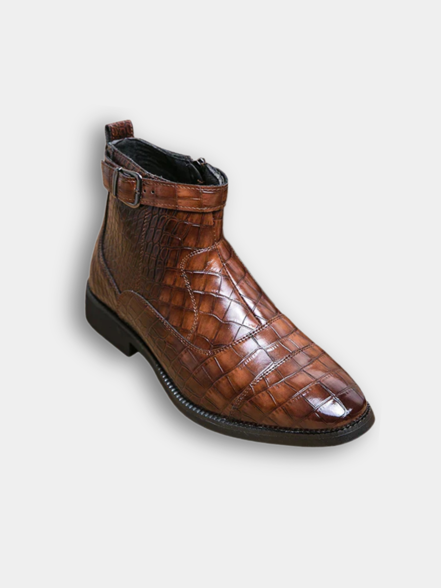 Bottines effet croco marron à boucle