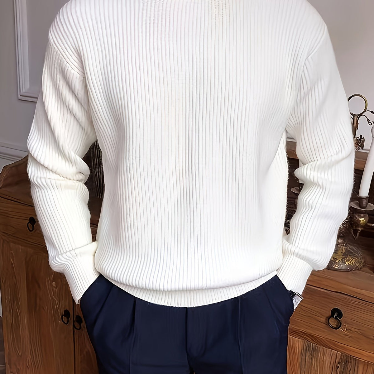 Pull en grosse maille côtelée col montant coupe oversize homme – Blanc