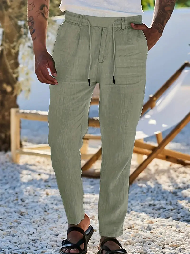 Pantalon large aspect lin à cordon