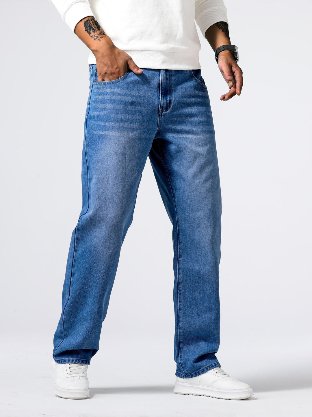 Jean droit délavé denim coupe droite quotidien style chic intemporel homme – Nohant