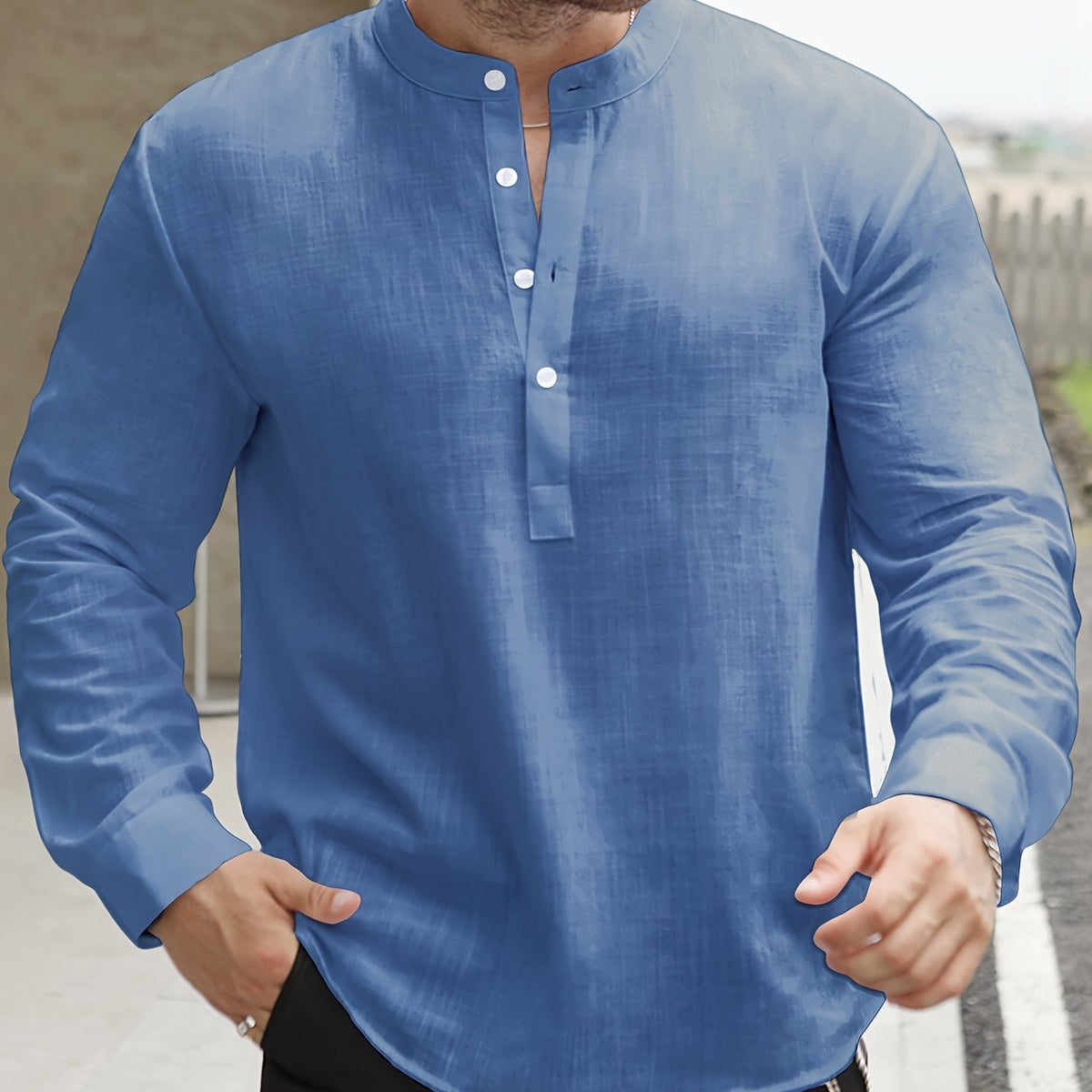 Chemise manches longues encolure tunisienne aspect lin