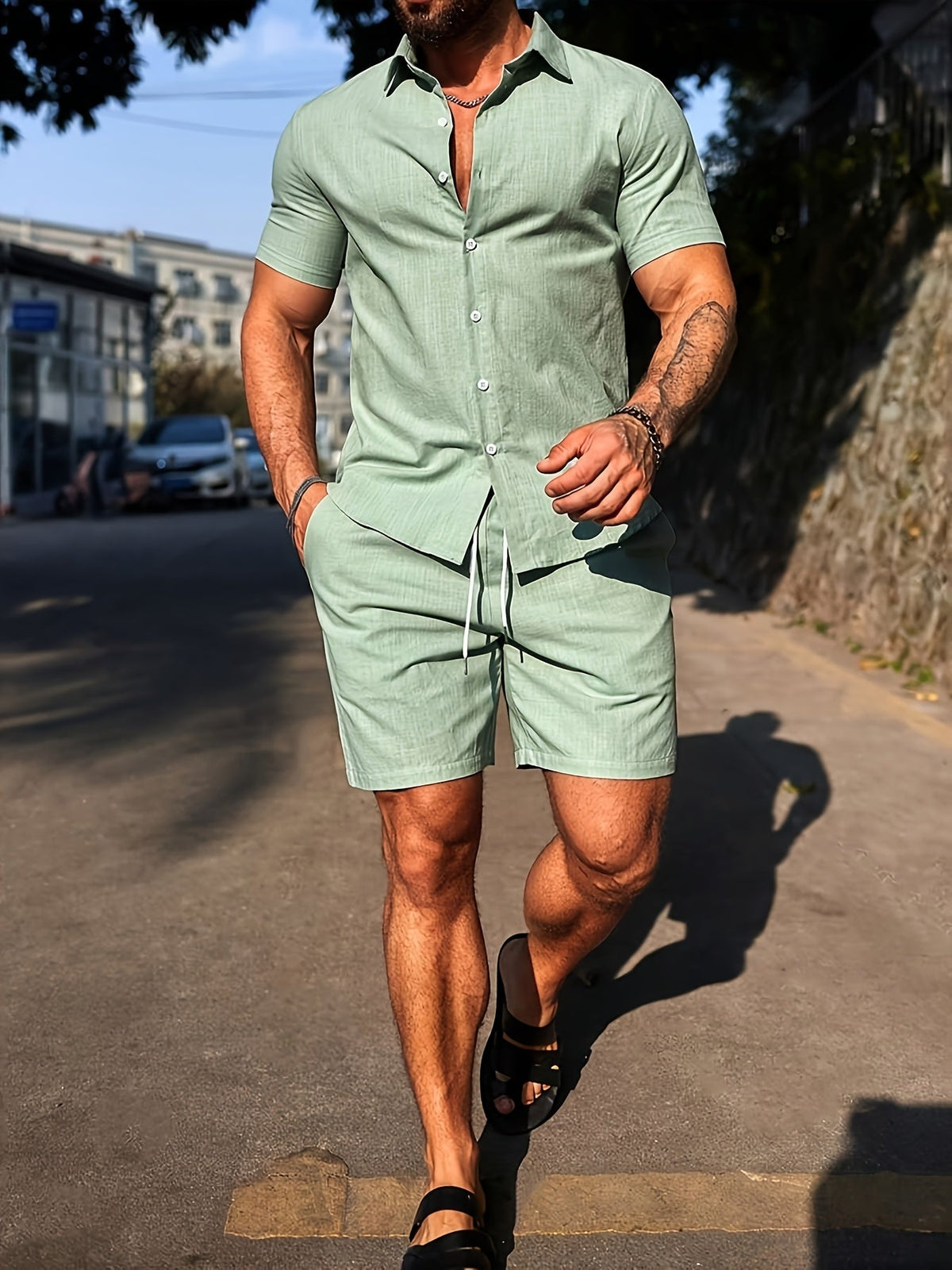 Ensemble chemise et short aspect lin