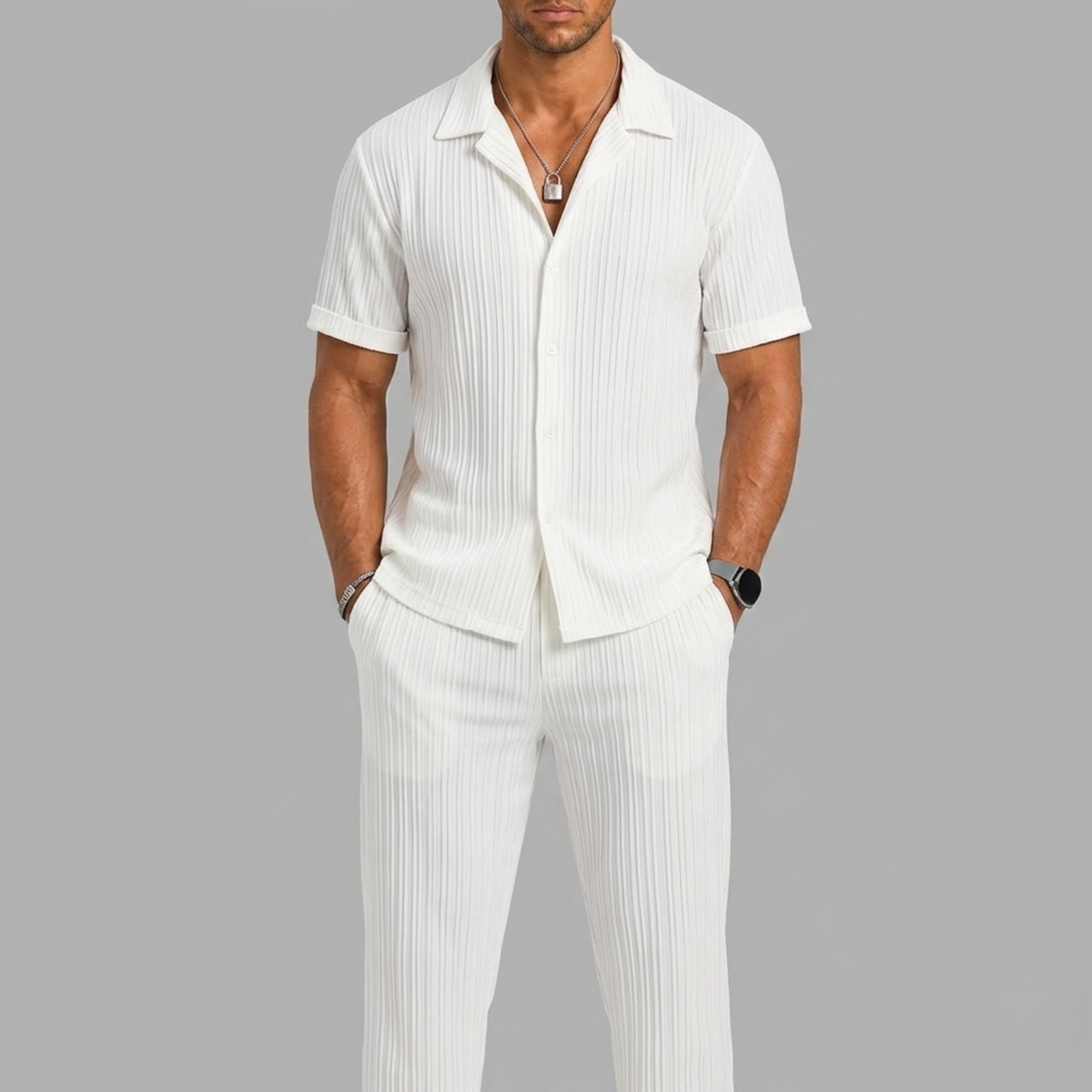 Ensemble d'été chemise à manches courtes et pantalon assorti rayures verticales homme – Alençon