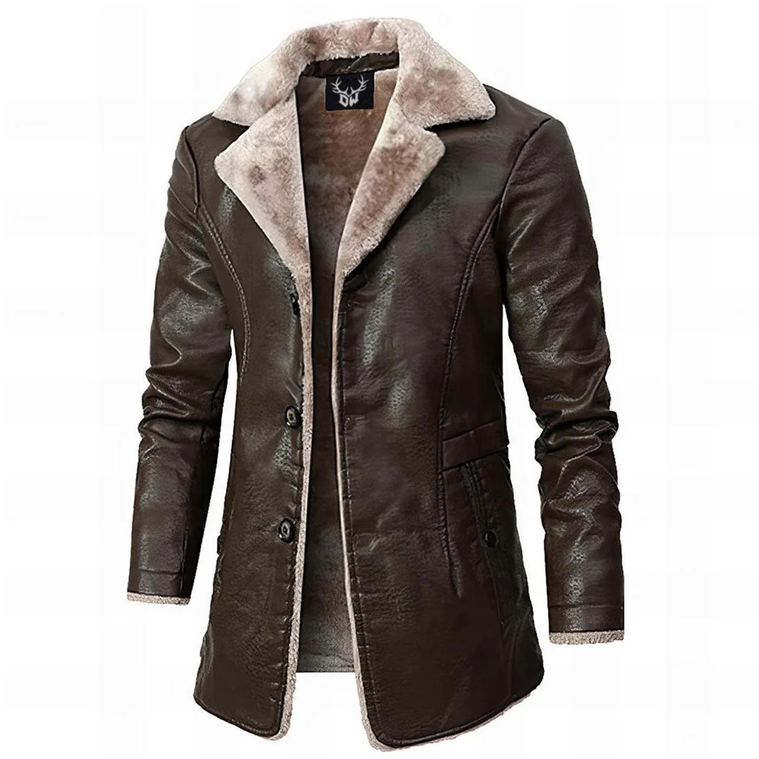 Veste mi-longue effet cuir col peluche