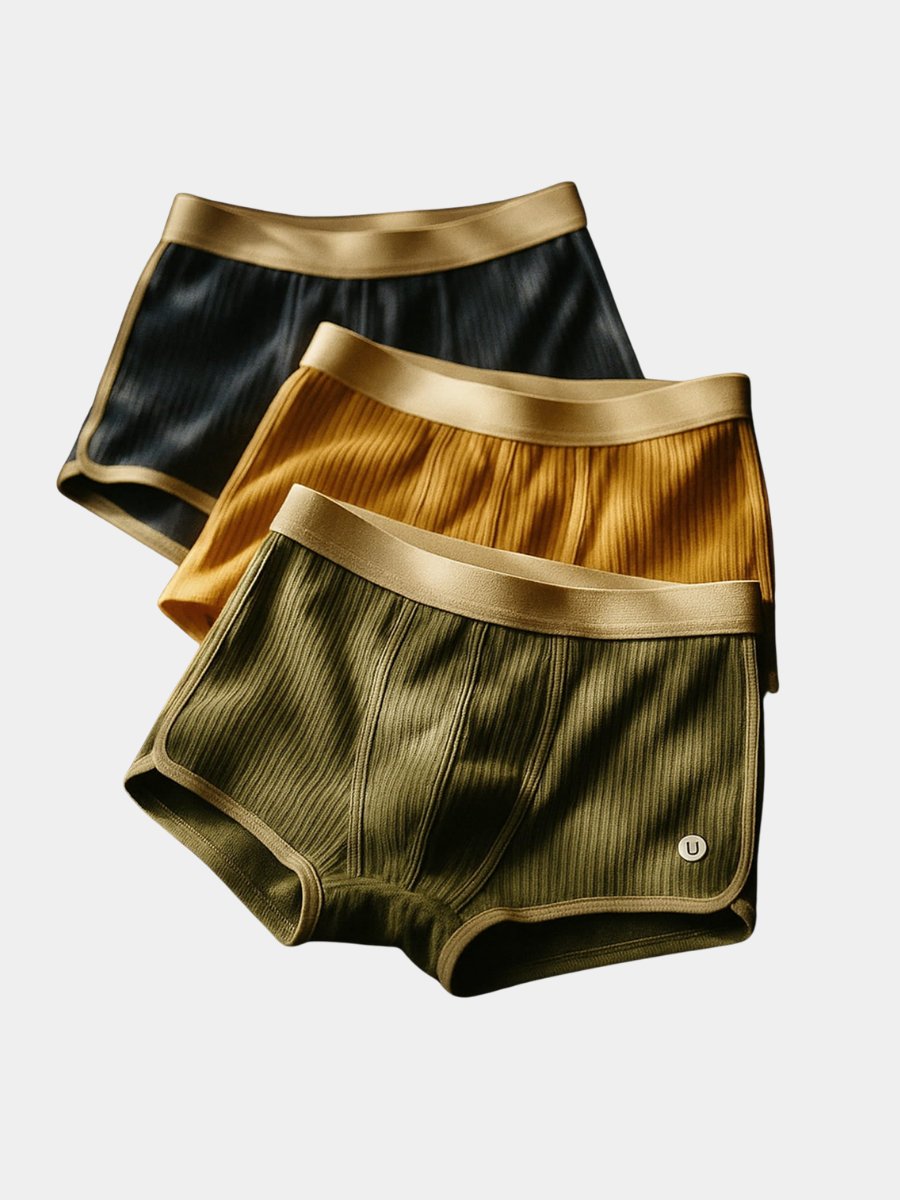 Trois boxers côtelés homme Lafayette bleu nuit, moutarde et vert olive à ceinture contrastée