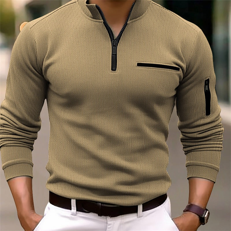 Pull côtelé col montant demi-zip
