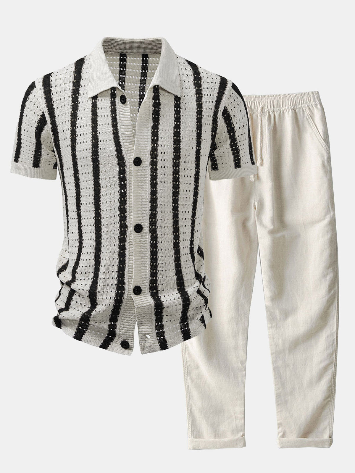 Ensemble chemise rayée ajourée et pantalon droit