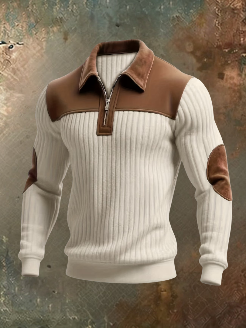 Pull côtelé demi-zip empiècements aspect daim
