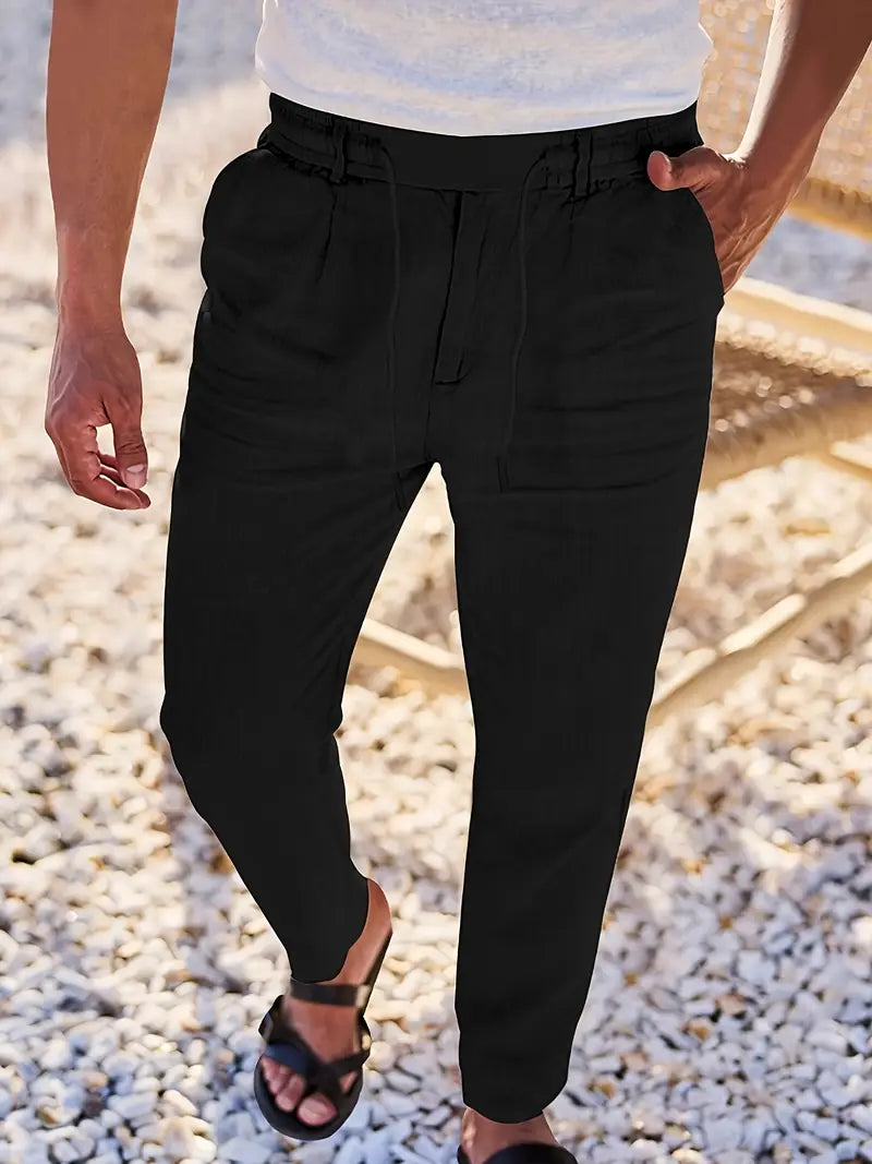 Pantalon large aspect lin à cordon