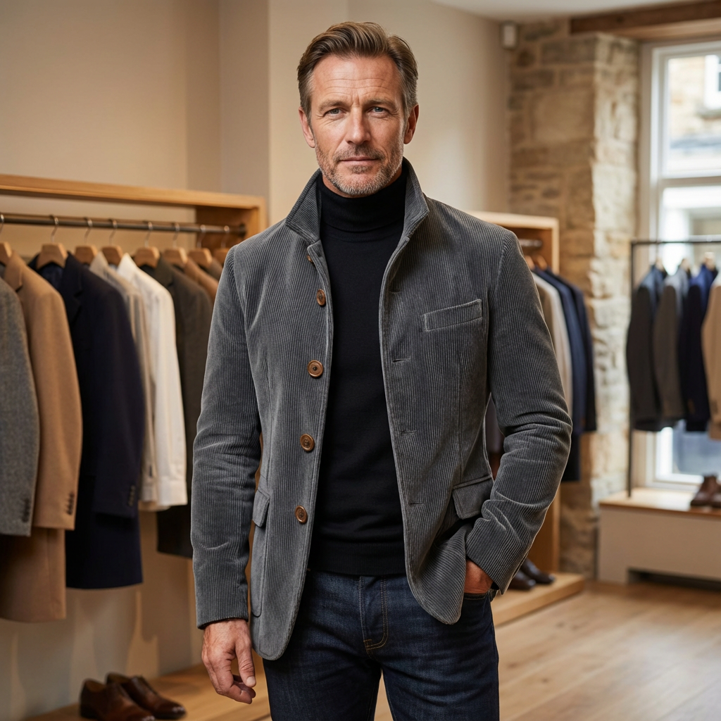 Veste boutonnée aspect velours côtelé grise